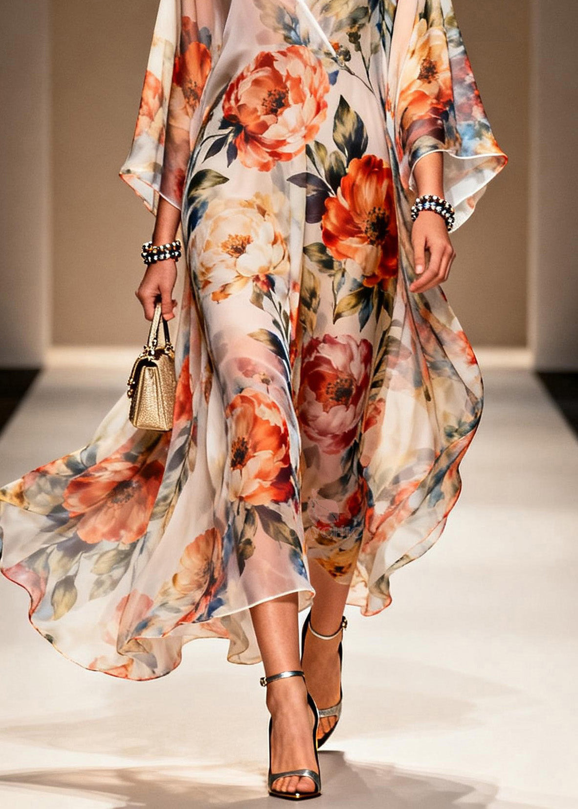 Floral Print Deep V-Neck Wrap Kimono Sleeve High Split Maxi Gown