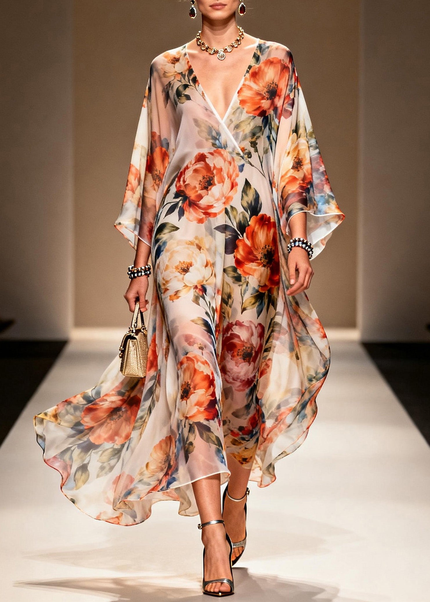 Floral Print Deep V-Neck Wrap Kimono Sleeve High Split Maxi Gown