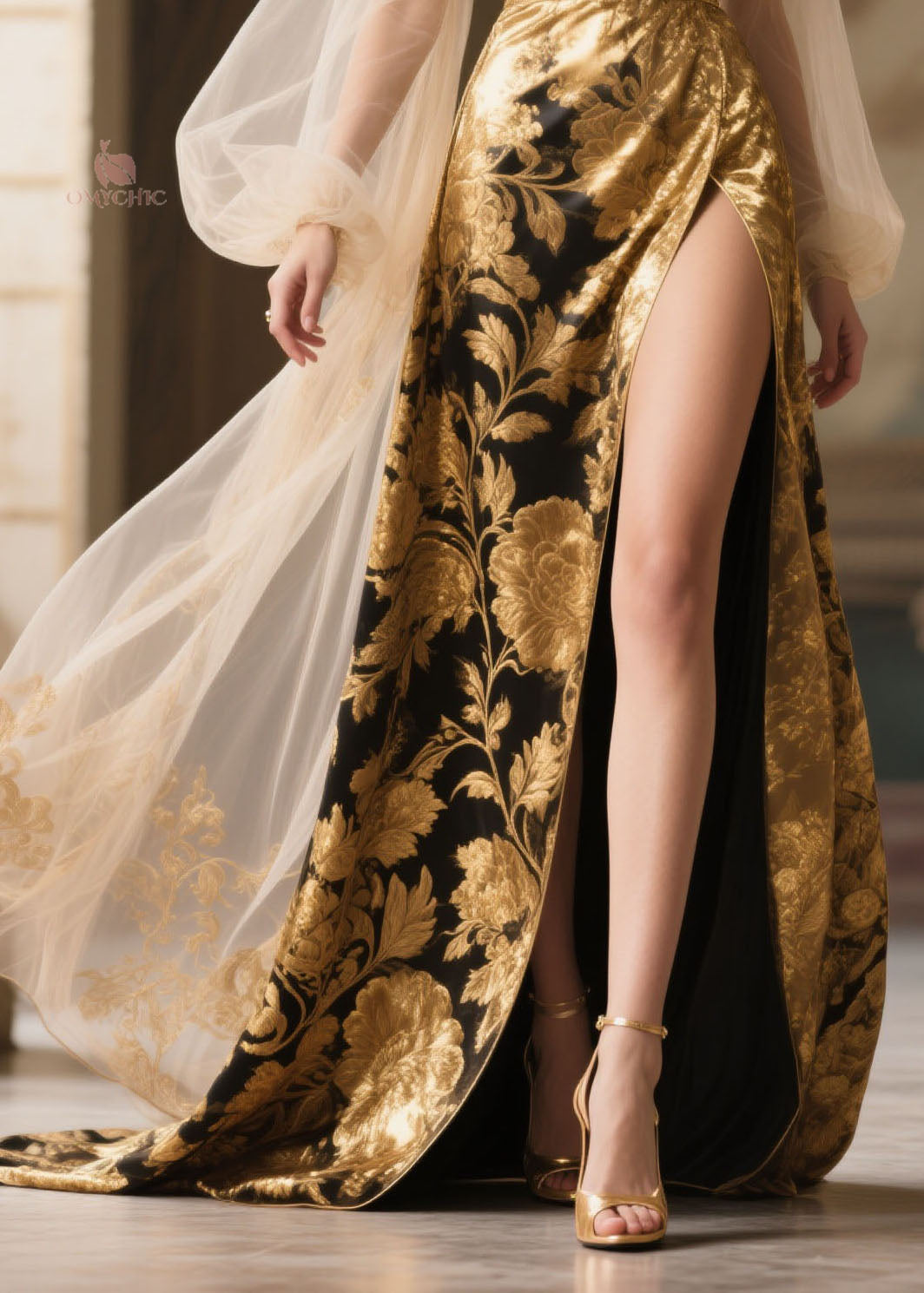 Metallic Floral Brocade Plunging V-Neck Sheer Lantern Sleeve Beaded Waist High Split Gown
