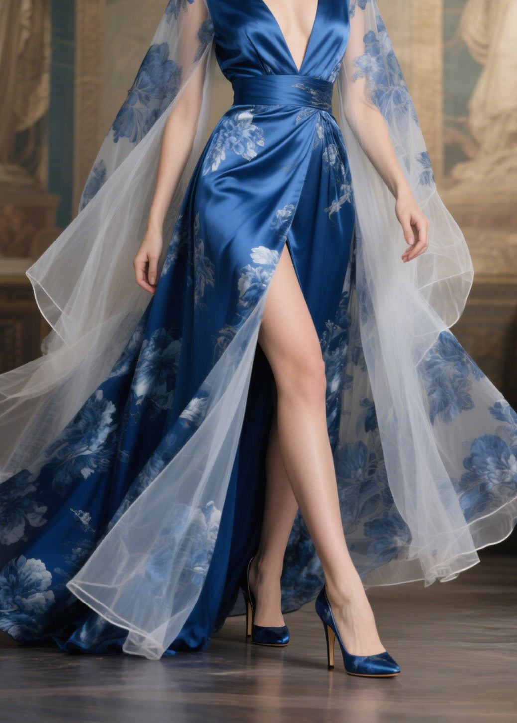 Floral Print Deep V-Neck Mesh Cape Sleeve Sash Waist High Split Maxi Gown