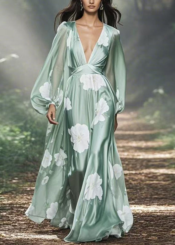 Floral Print Deep V-Neck Lantern Sleeve Cinched Waist Satin Maxi Gown