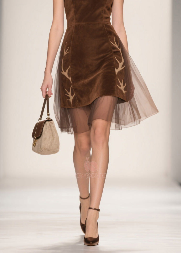 V-Neck Sleeveless Velvet Antler Applique Tulle Layered Hem Mini Dress