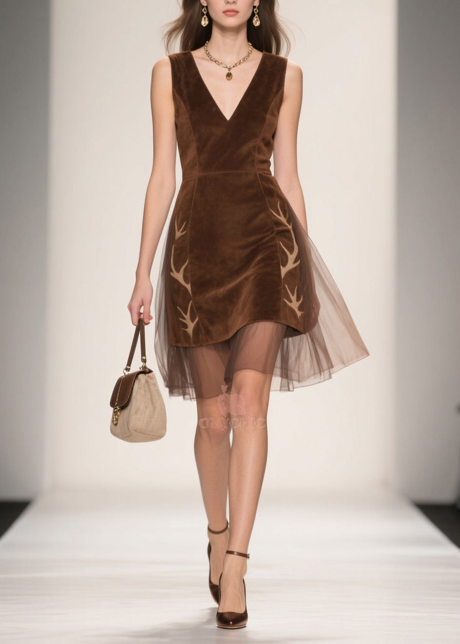 V-Neck Sleeveless Velvet Antler Applique Tulle Layered Hem Mini Dress - View 5