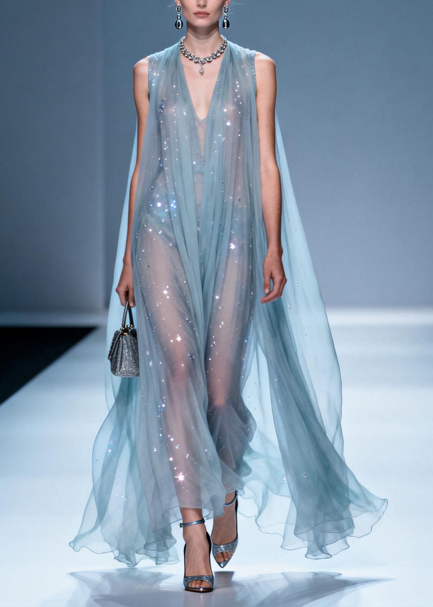 Rhinestone Scatter Deep V-Neck Sleeveless Sheer A-Line Maxi Gown