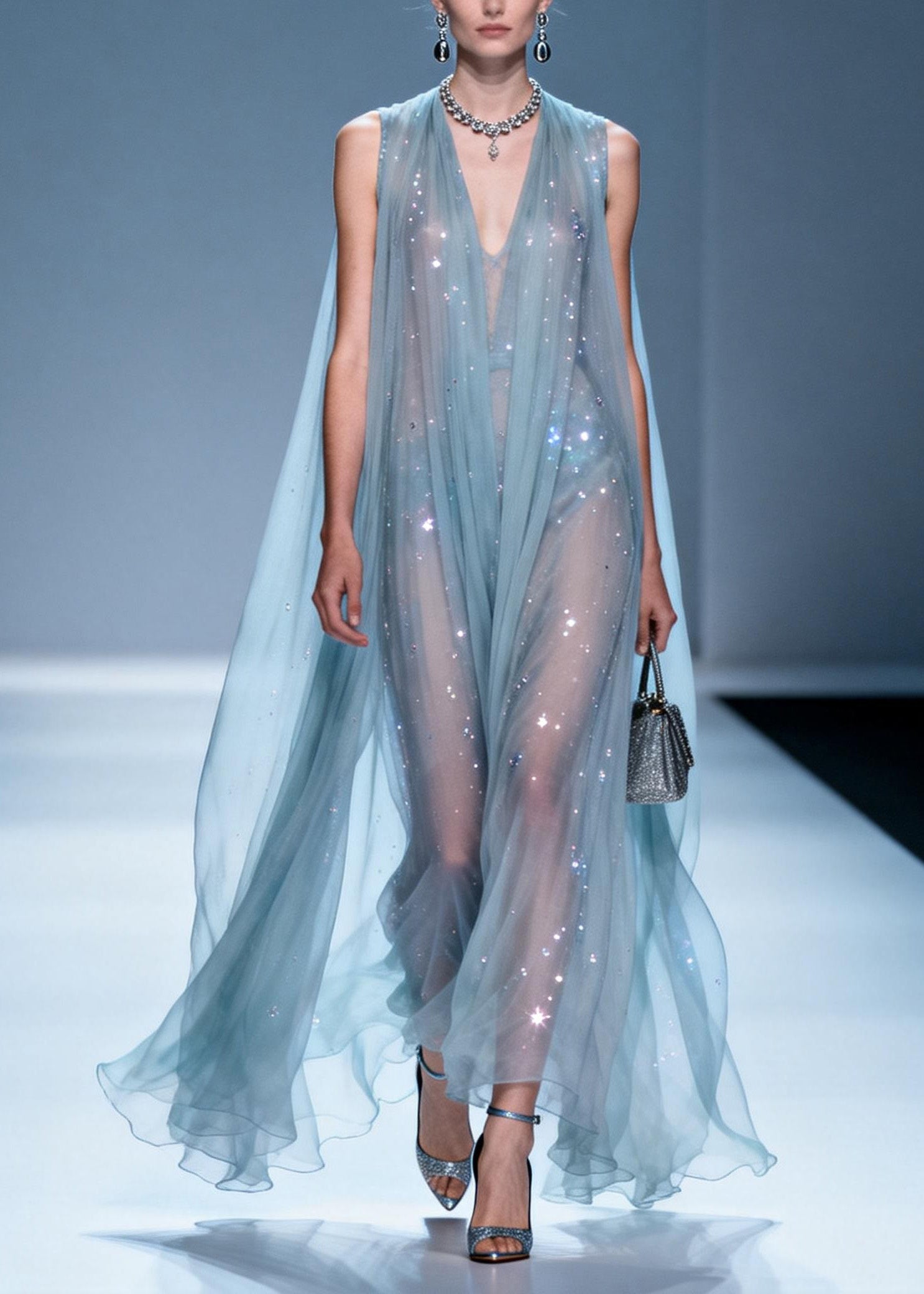 Rhinestone Scatter Deep V-Neck Sleeveless Sheer A-Line Maxi Gown