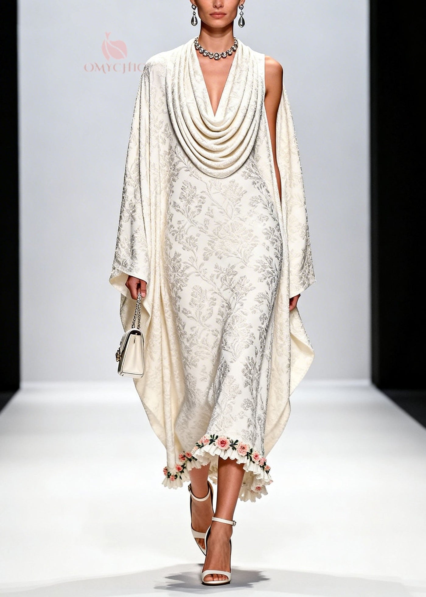 Italian White Draped Neckline Print Ruffled Floral Silk Dress Fall