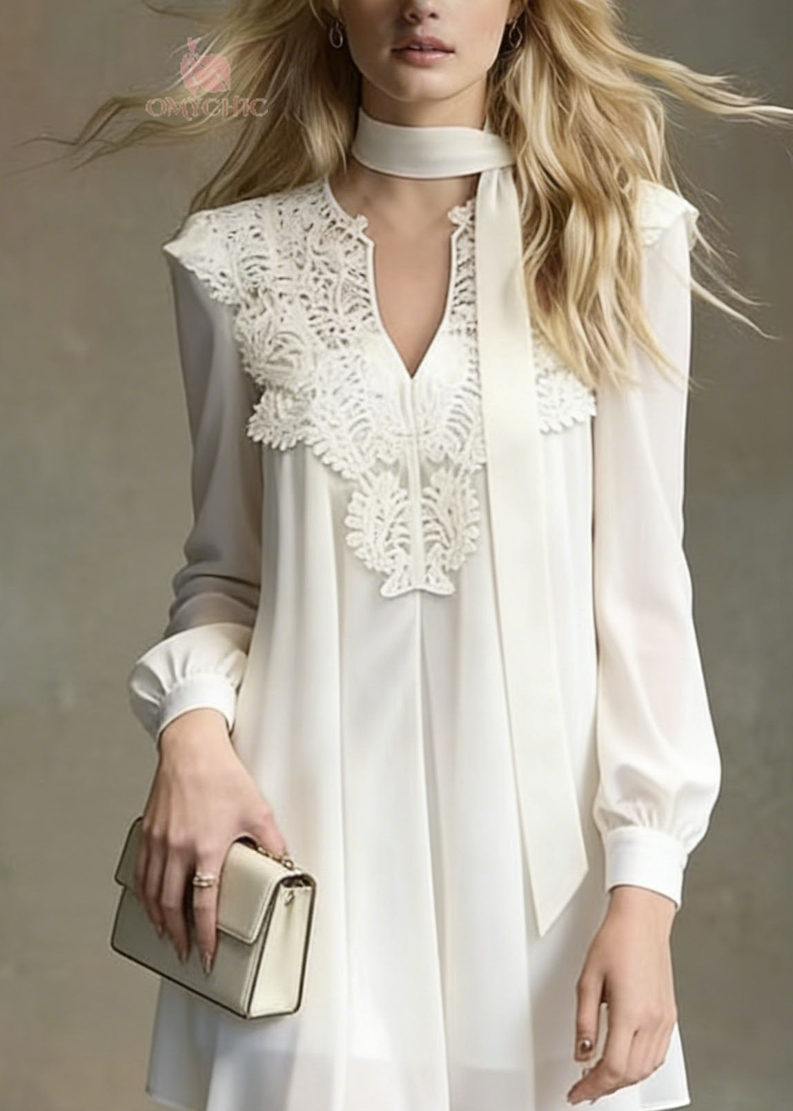 Italian White Lace Patchwork Chiffon Mini Dress Spring - View 2