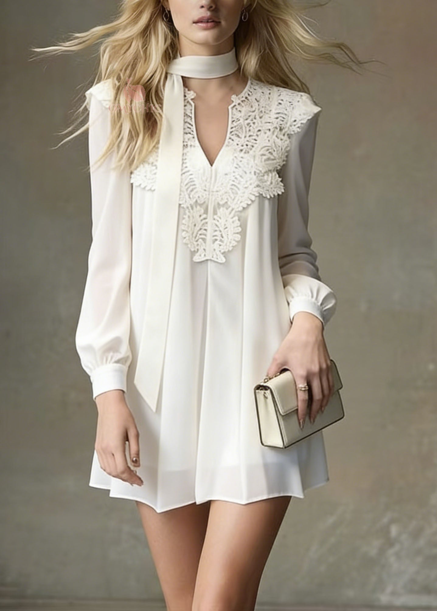 Italian White Lace Patchwork Chiffon Mini Dress Spring - View 3