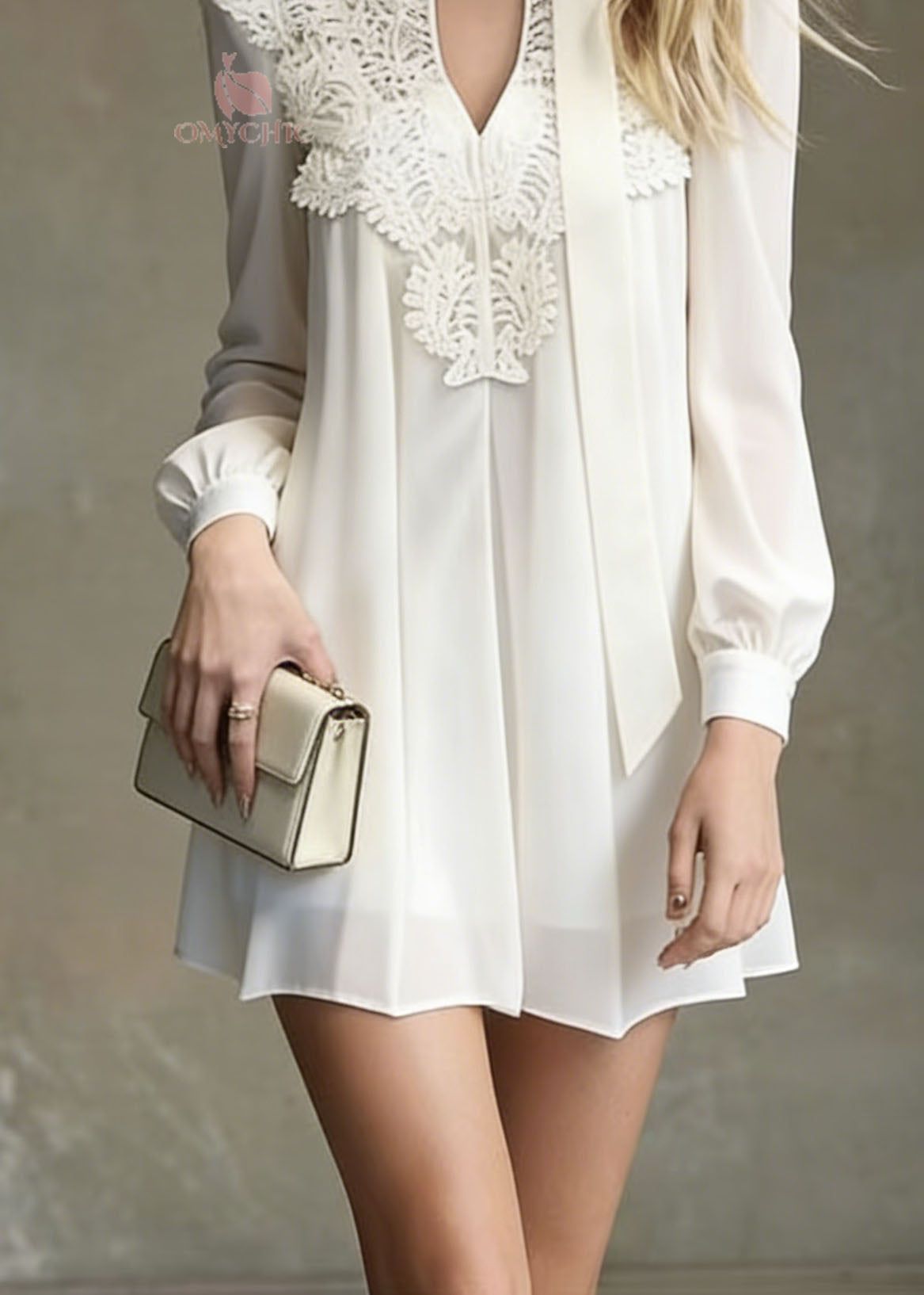 Italian White Lace Patchwork Chiffon Mini Dress Spring - View 4