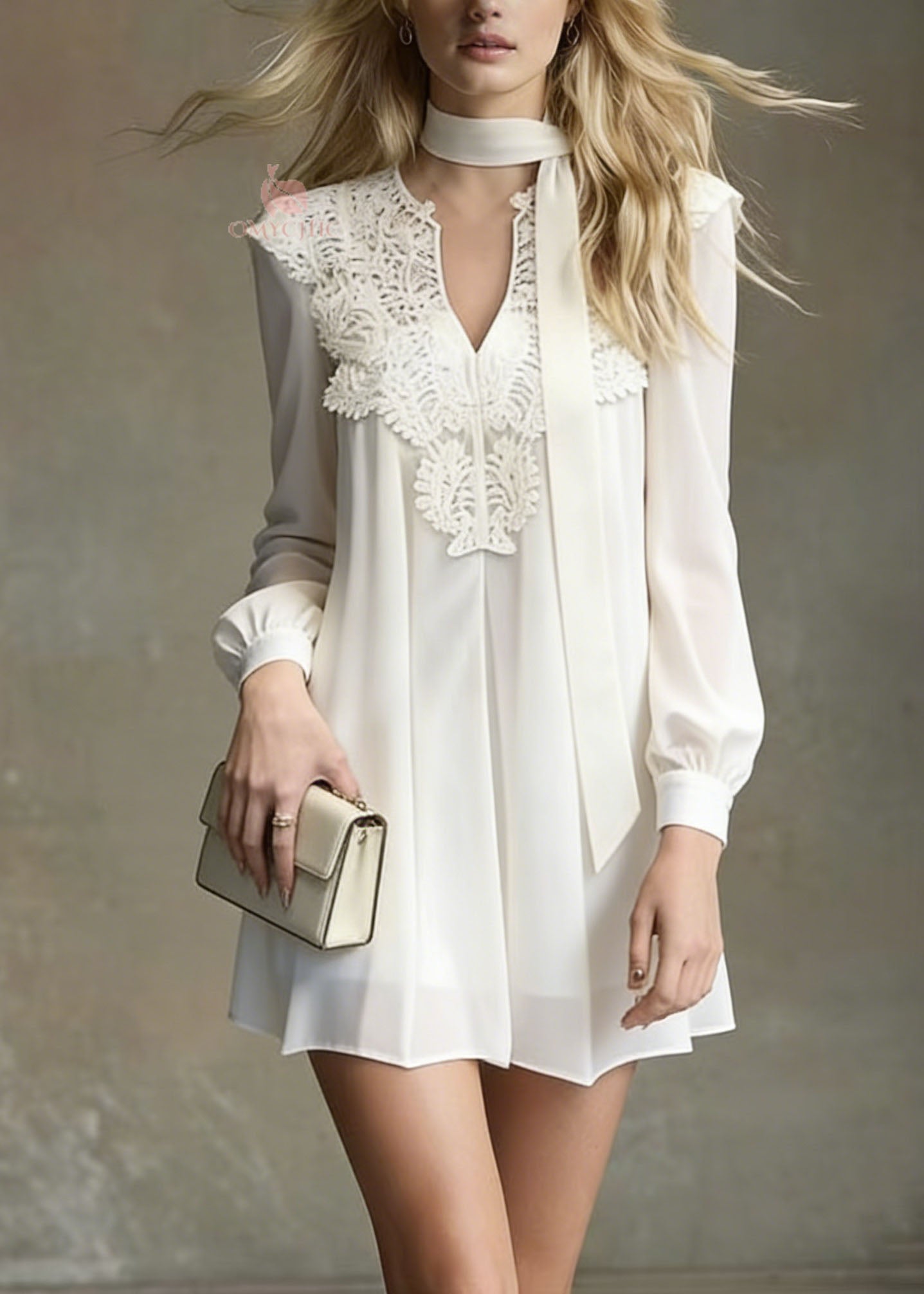 Italian White Lace Patchwork Chiffon Mini Dress Spring - View 5