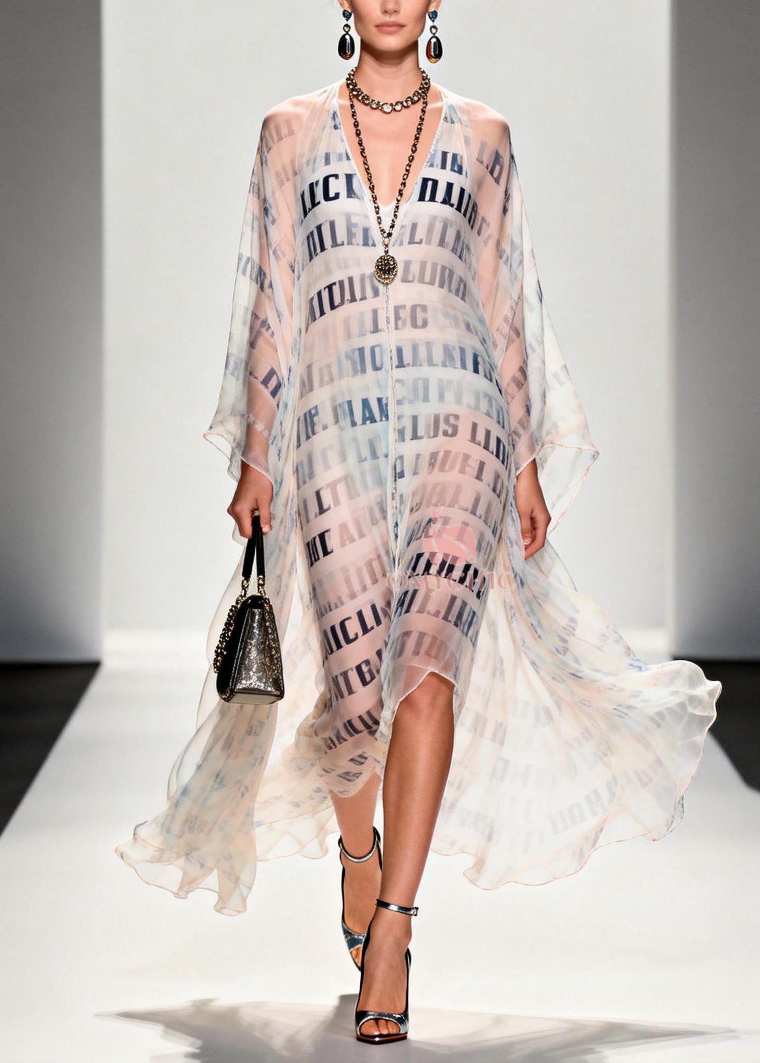 Chiffon Deep V-Neck Letter Print Sheer Kaftan Maxi Gown