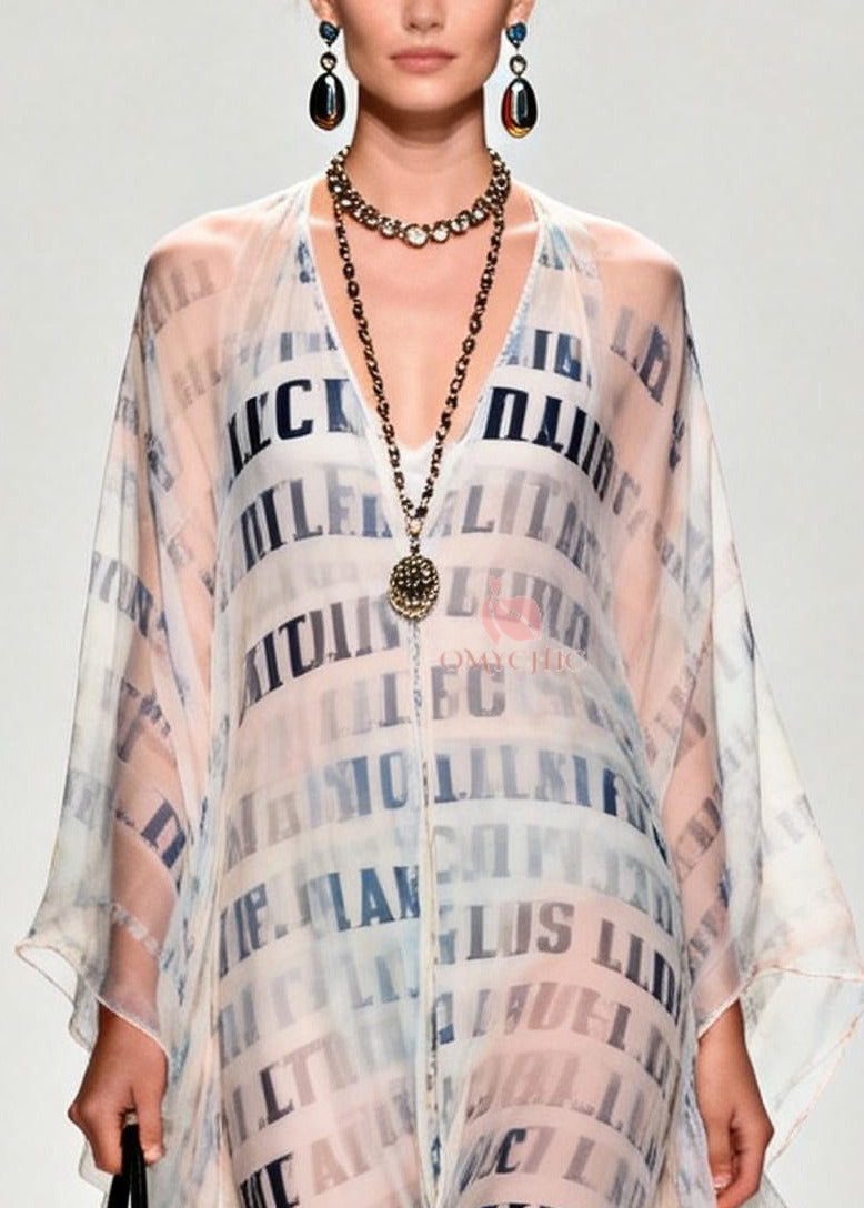 Chiffon Deep V-Neck Letter Print Sheer Kaftan Maxi Gown