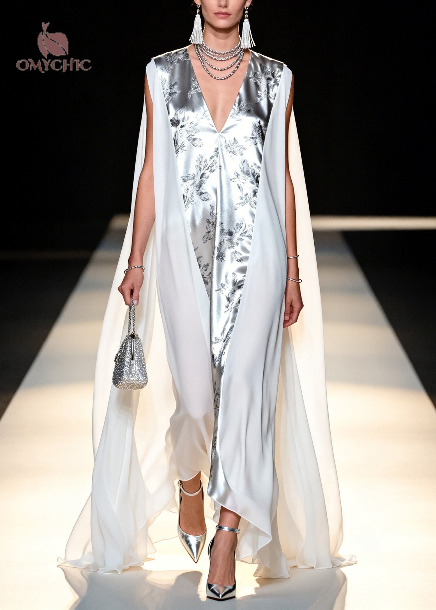 Italian White Oversized Patchwork Chiffon Maxi Dresses Sleeveless - View 3