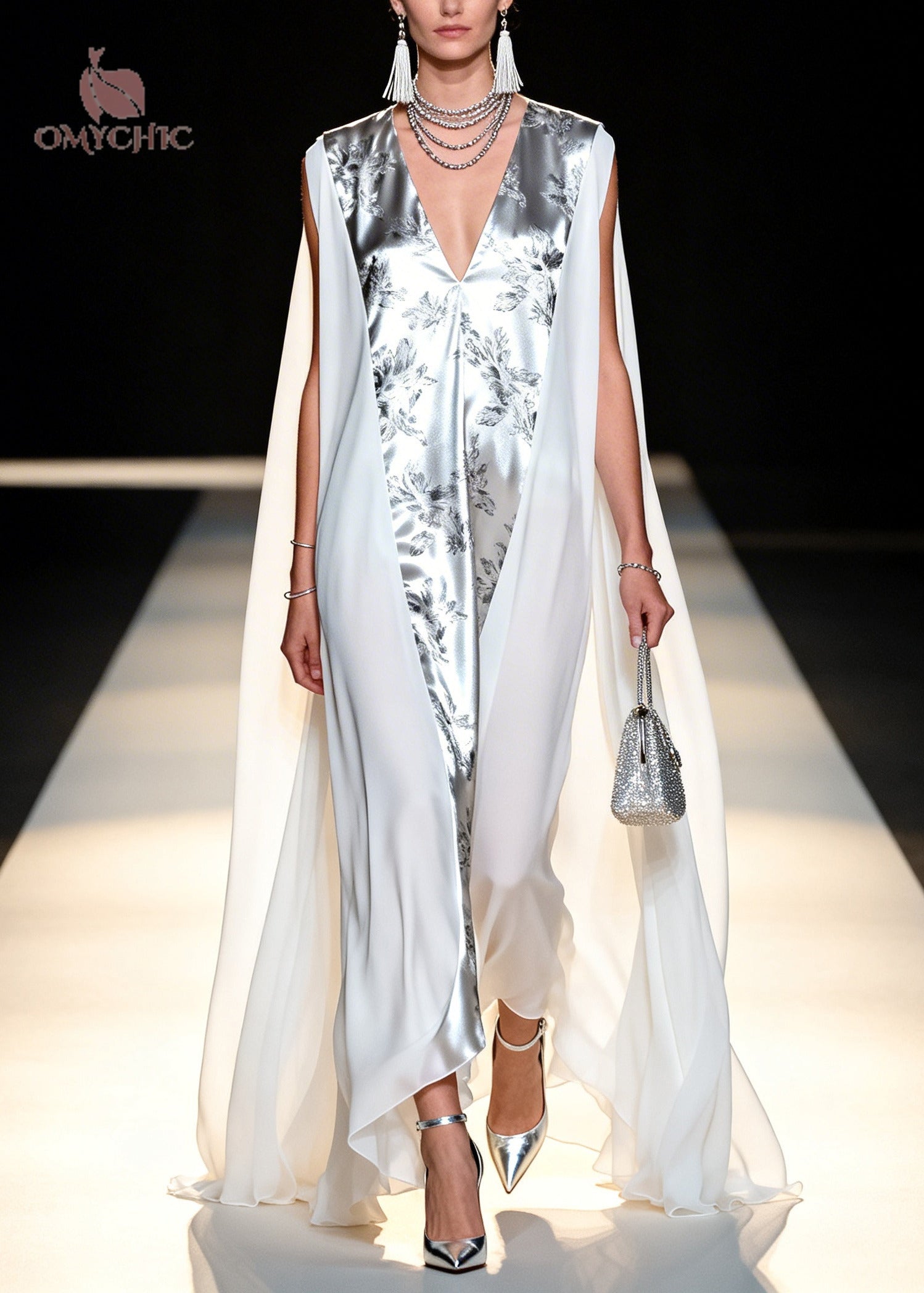 Italian White Oversized Patchwork Chiffon Maxi Dresses Sleeveless - View 5