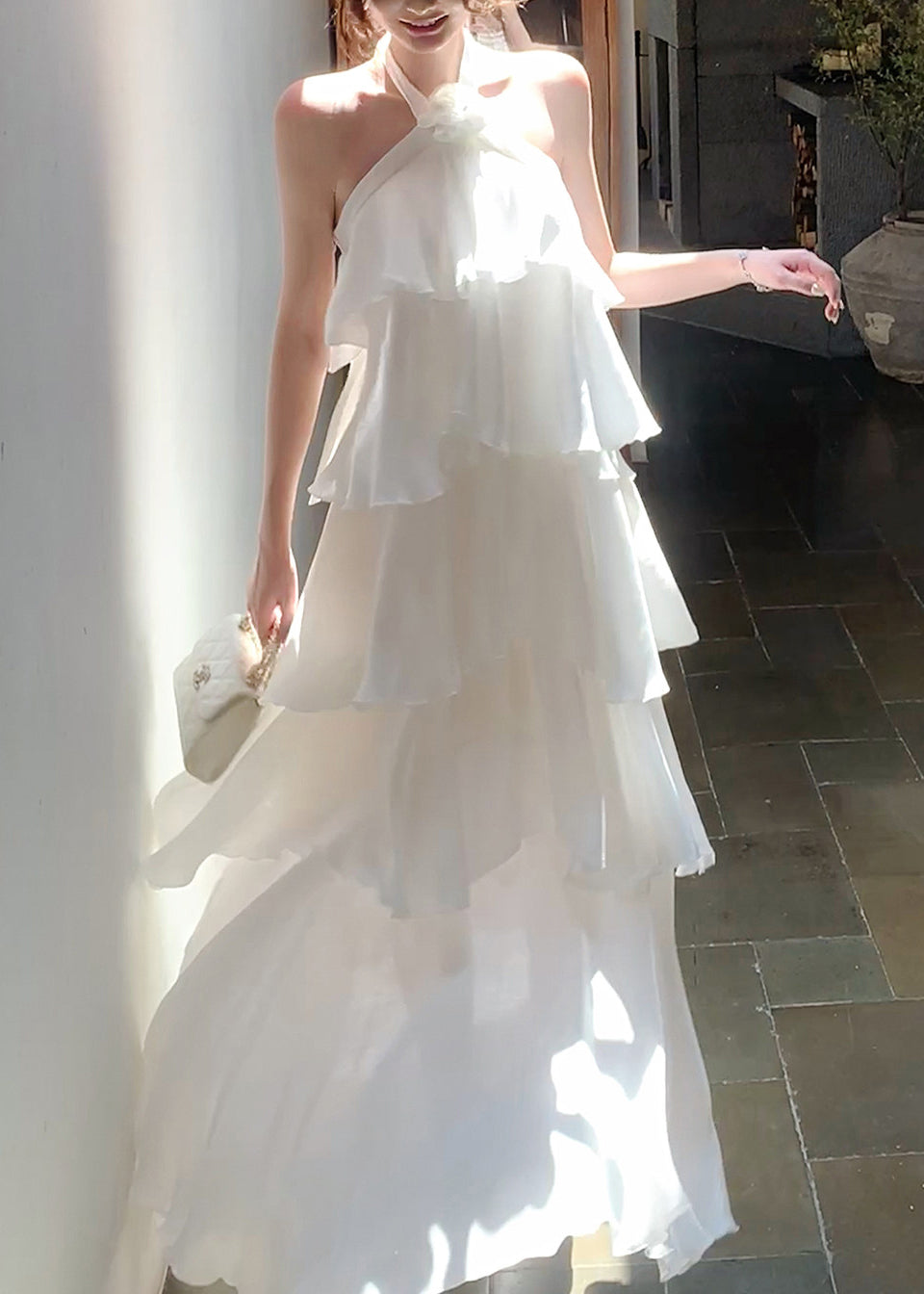 Italian White Ruffled Cold Shoulder Chiffon Halter Dress Summer