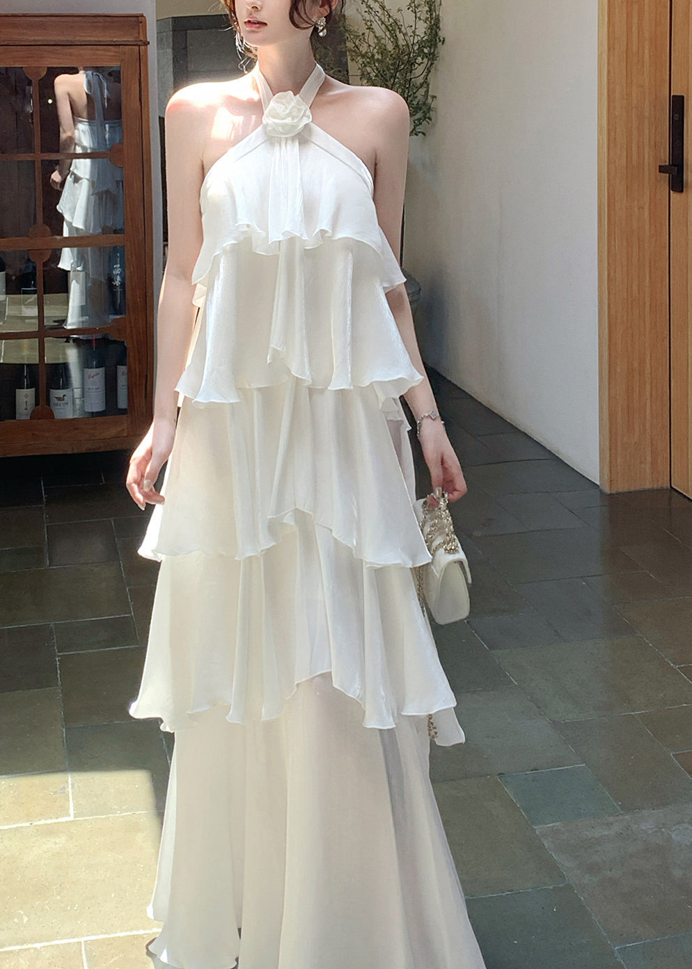 Italian White Ruffled Cold Shoulder Chiffon Halter Dress Summer 3