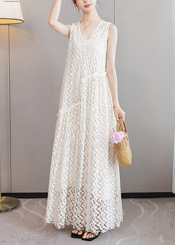 Italian White Ruffled Patchwork Lace Long Dresses Sleeveless