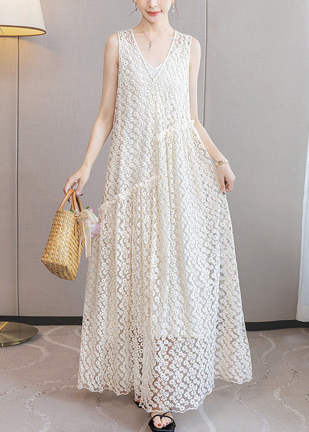 Italian White Ruffled Patchwork Lace Long Dresses Sleeveless 2