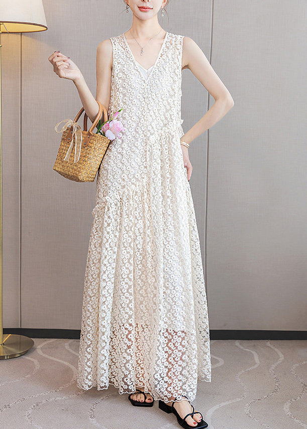 Italian White Ruffled Patchwork Lace Long Dresses Sleeveless 3