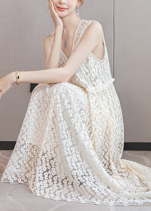 Italian White Ruffled Patchwork Lace Long Dresses Sleeveless 4