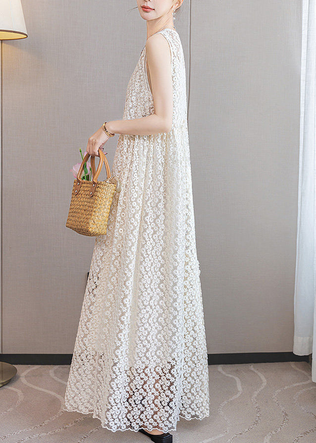 Italian White Ruffled Patchwork Lace Long Dresses Sleeveless 5
