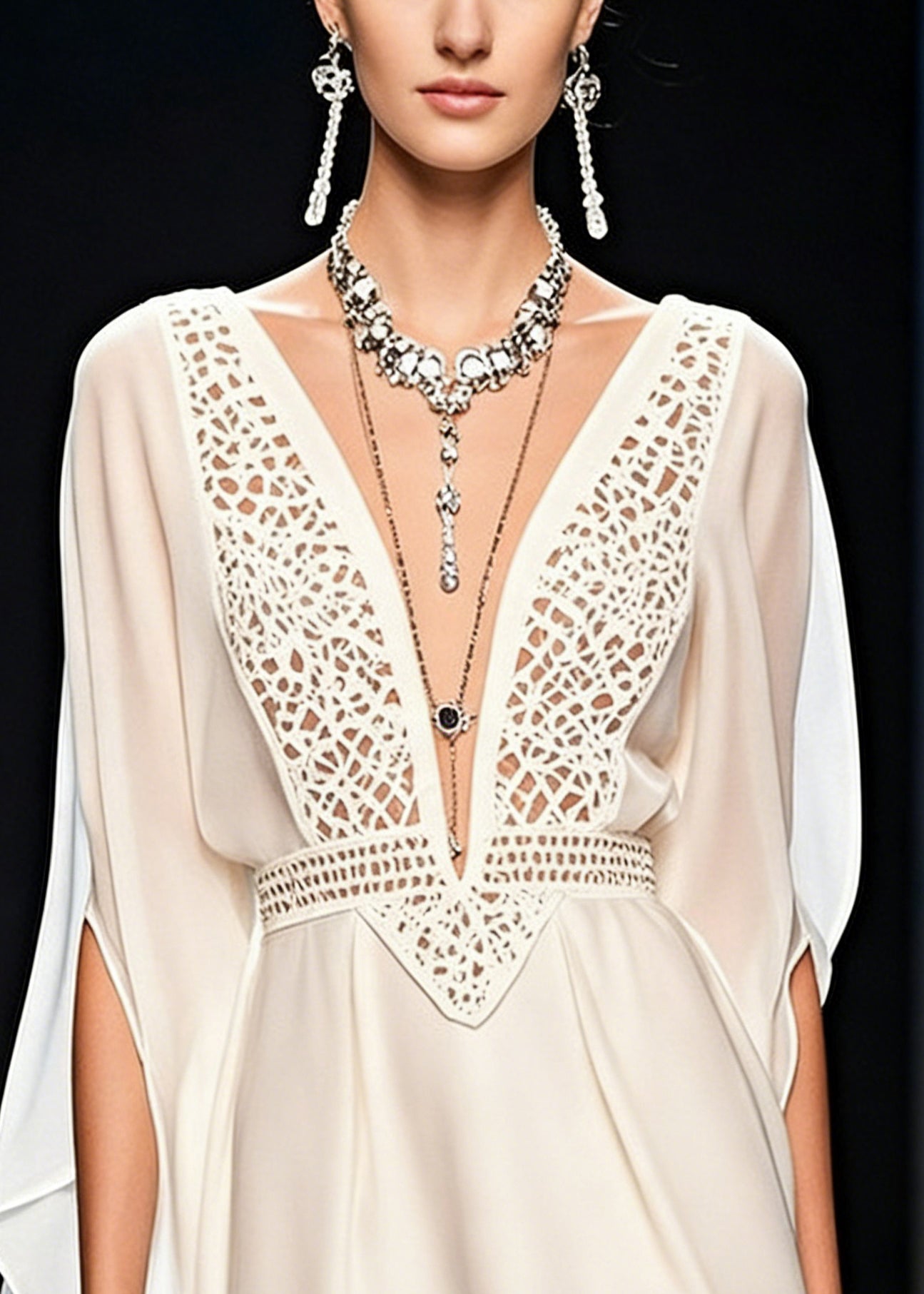 Deep V-Neck Chiffon Lace Cut Out Batwing Sleeve Mini Dress