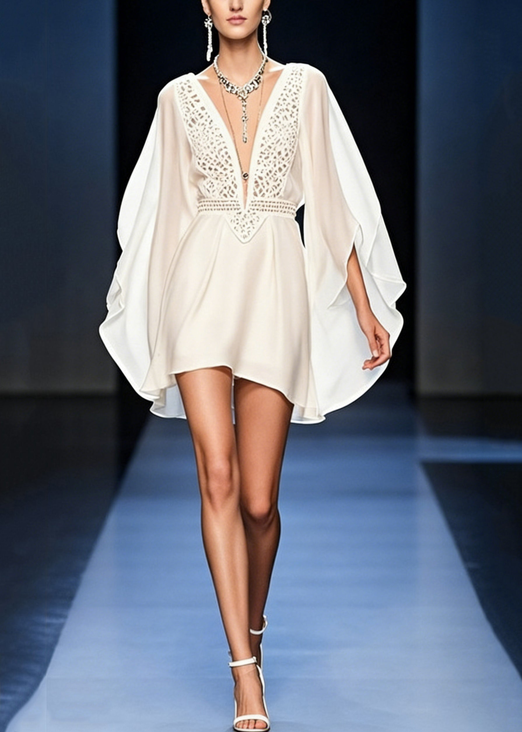 Deep V-Neck Chiffon Lace Cut Out Batwing Sleeve Mini Dress