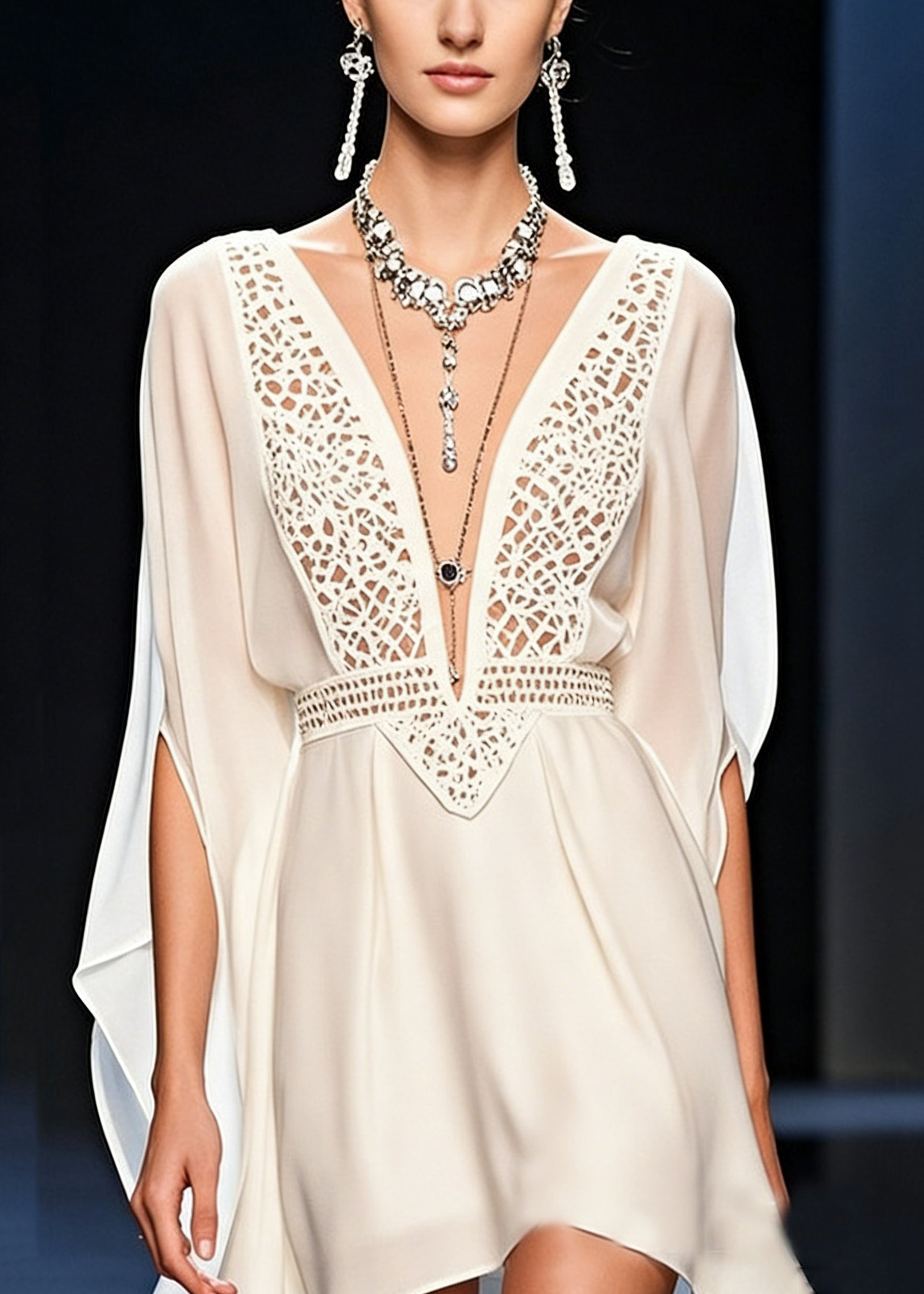 Deep V-Neck Chiffon Lace Cut Out Batwing Sleeve Mini Dress