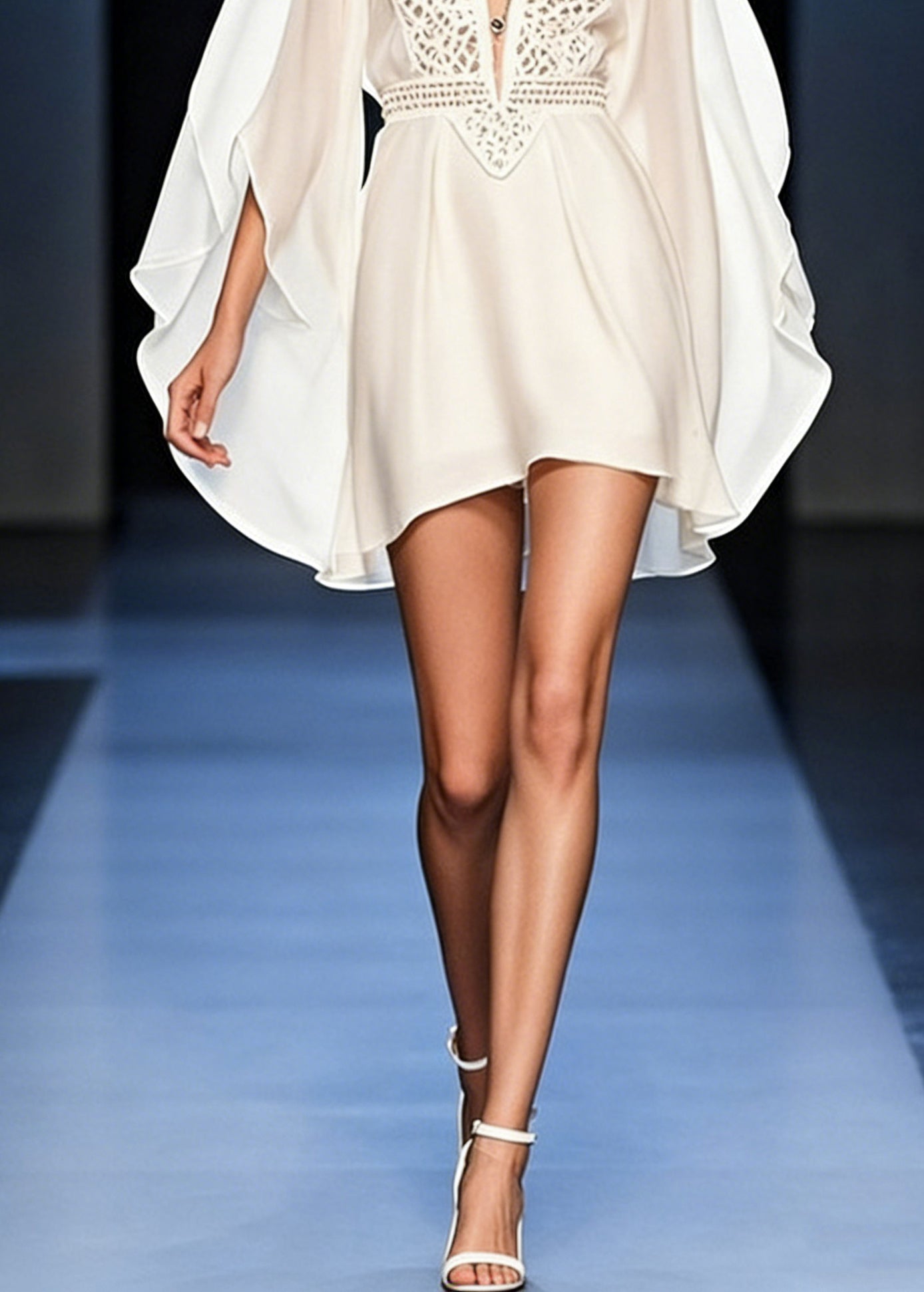 Deep V-Neck Chiffon Lace Cut Out Batwing Sleeve Mini Dress