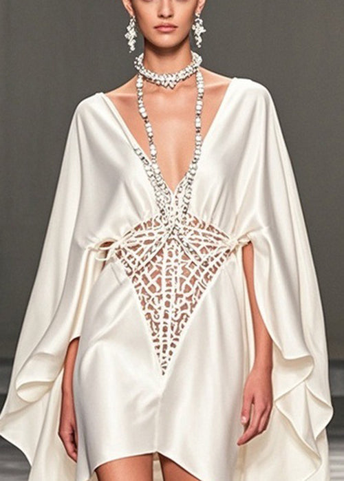 Deep V-Neck Cape Sleeve Lattice Cut Out High Low Party Gown