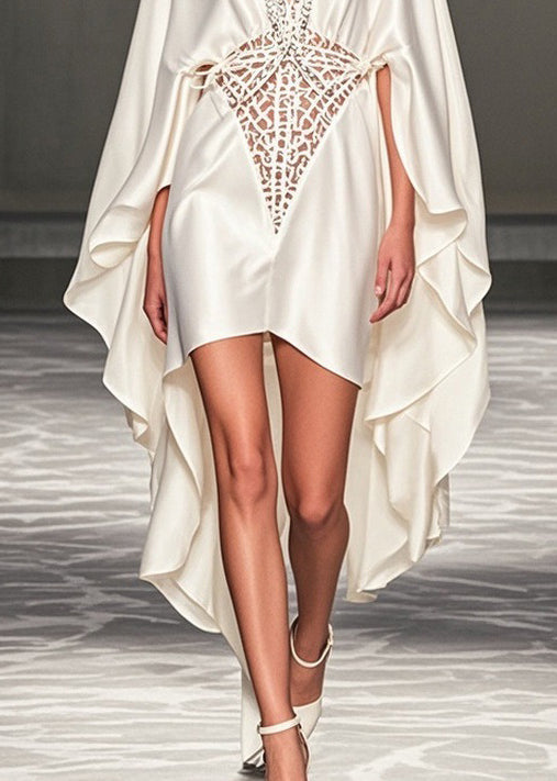 Deep V-Neck Cape Sleeve Lattice Cut Out High Low Party Gown