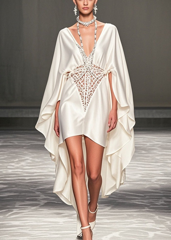 Deep V-Neck Cape Sleeve Lattice Cut Out High Low Party Gown
