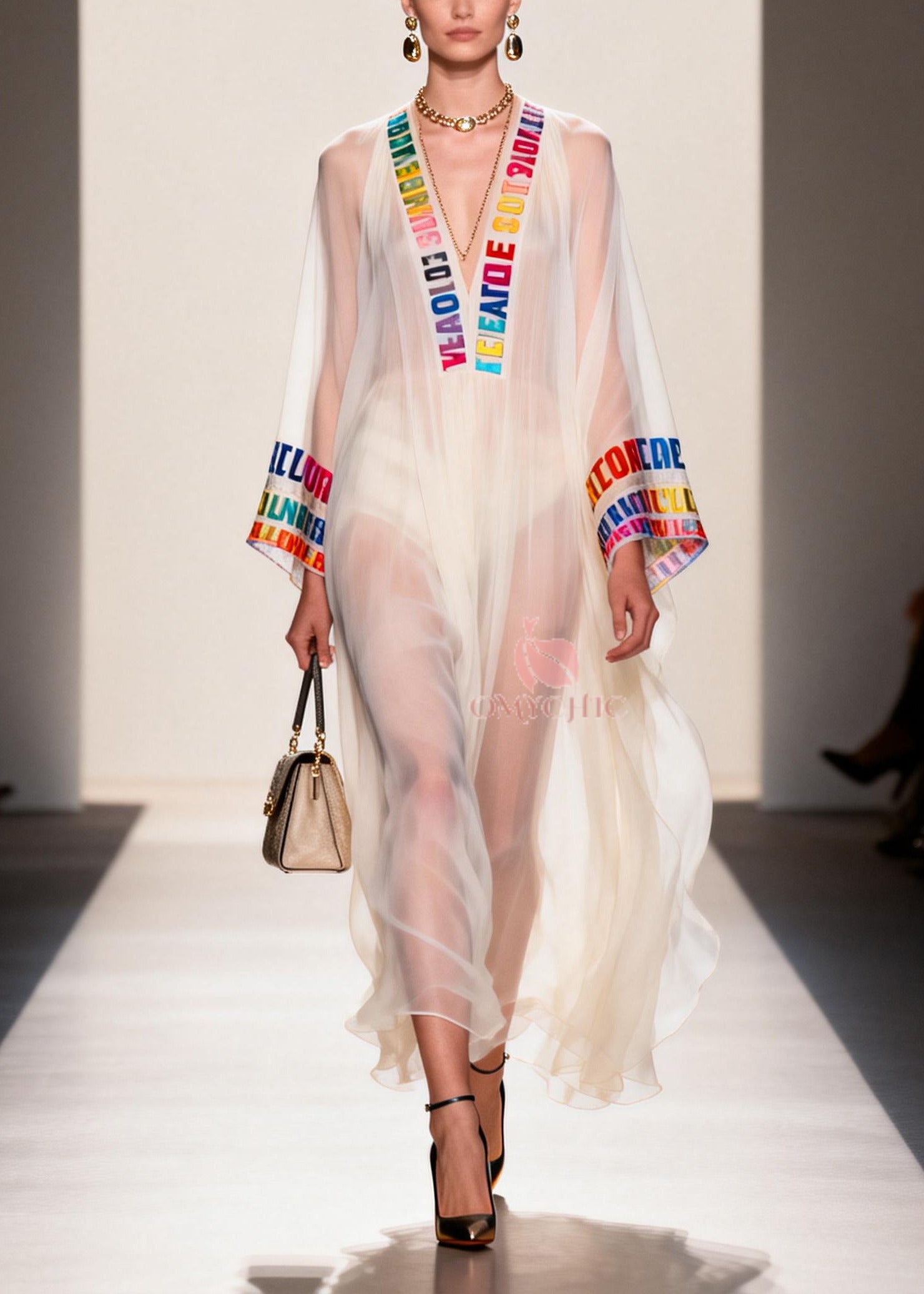 Chiffon Deep V-Neck Letter Print Embroidered Trim Bell Sleeve Maxi Gown