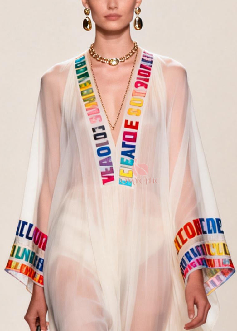 Chiffon Deep V-Neck Letter Print Embroidered Trim Bell Sleeve Maxi Gown