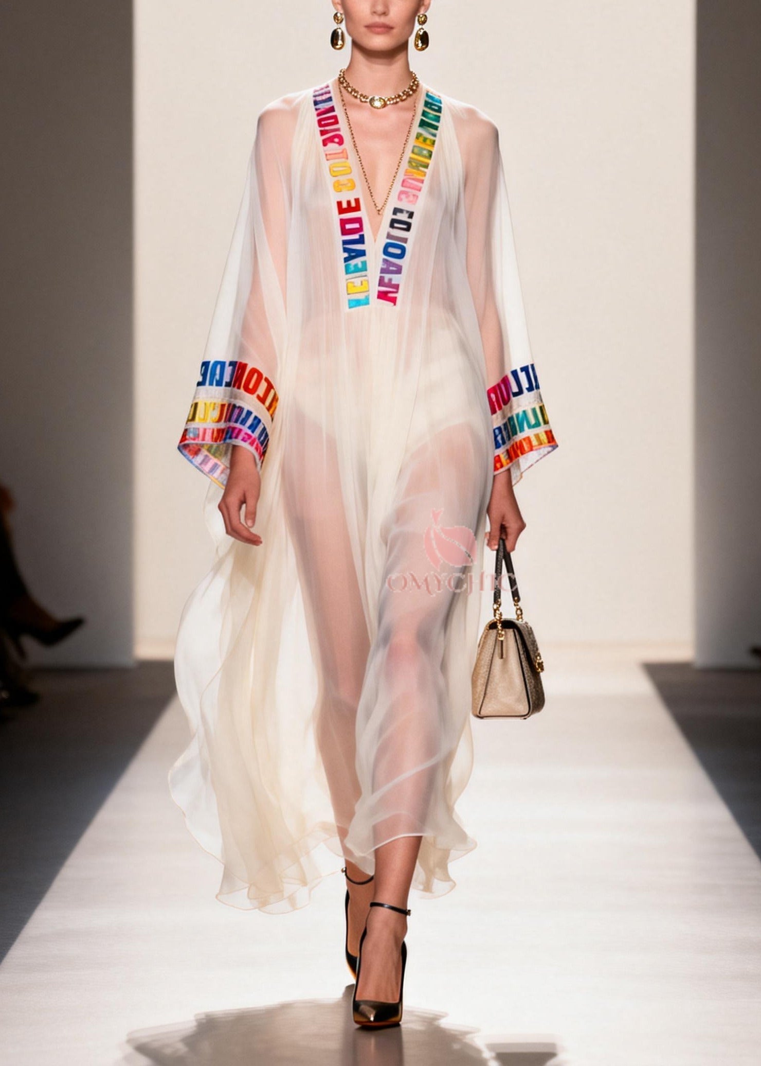 Chiffon Deep V-Neck Letter Print Embroidered Trim Bell Sleeve Maxi Gown