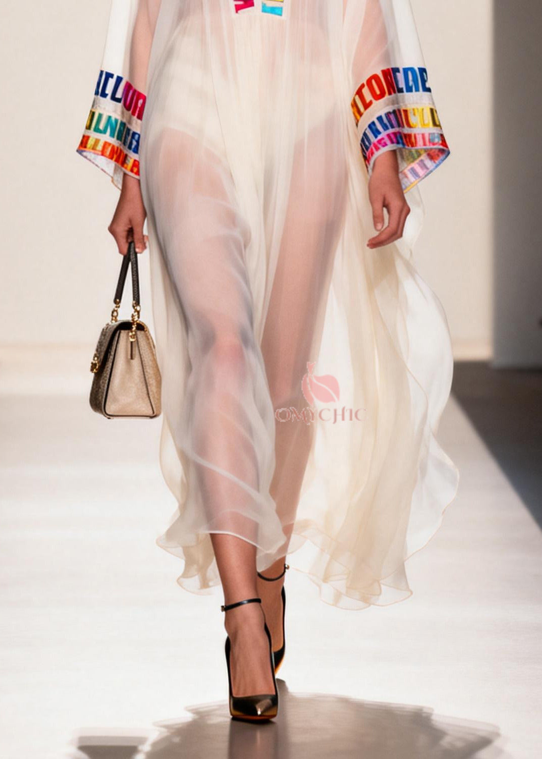 Chiffon Deep V-Neck Letter Print Embroidered Trim Bell Sleeve Maxi Gown