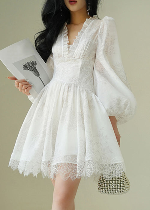 Lace Trim Ruffle V-Neck Lantern Sleeve Fit and Flare Mini Dress