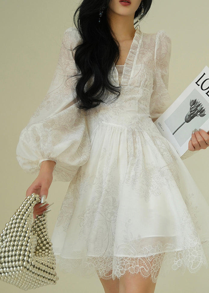 Italian White V Neck Print Lace Patchwork Mid Dress Puff Sleeve 2