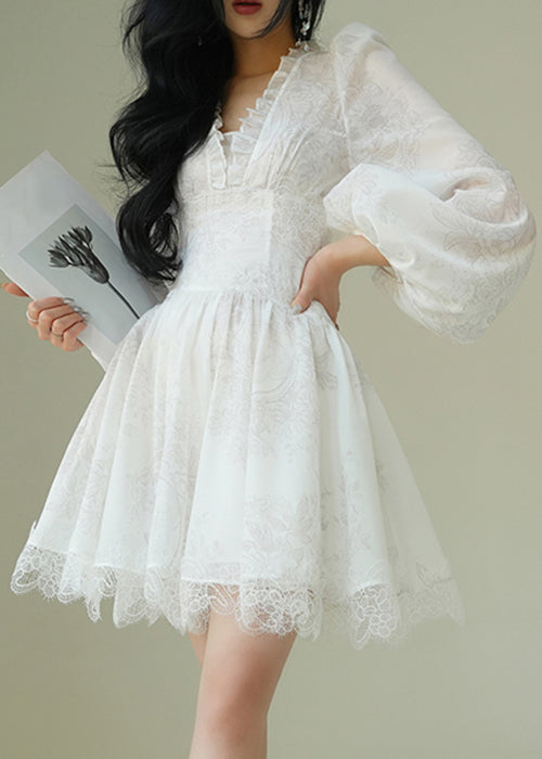Italian White V Neck Print Lace Patchwork Mid Dress Puff Sleeve 3