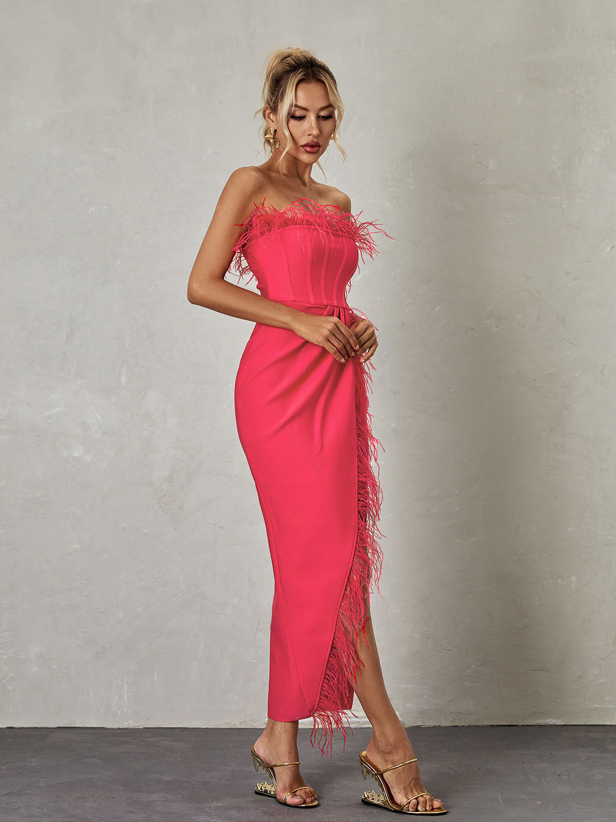 Feather Strapless Corset High Split Bandage Maxi Dress