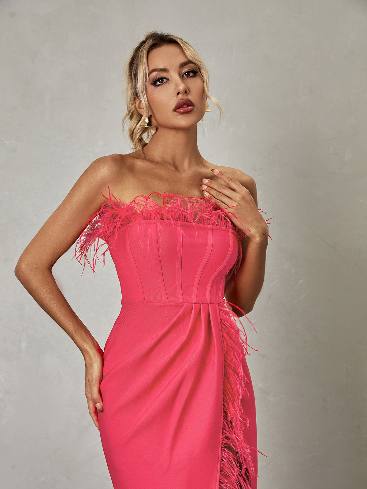 Feather Strapless Corset High Split Bandage Maxi Dress