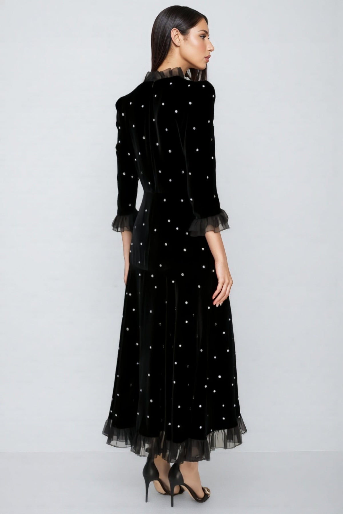 Velvet Mock Neck Studded Three Quarter Sleeve Ruffle Hem Midi Dress 2