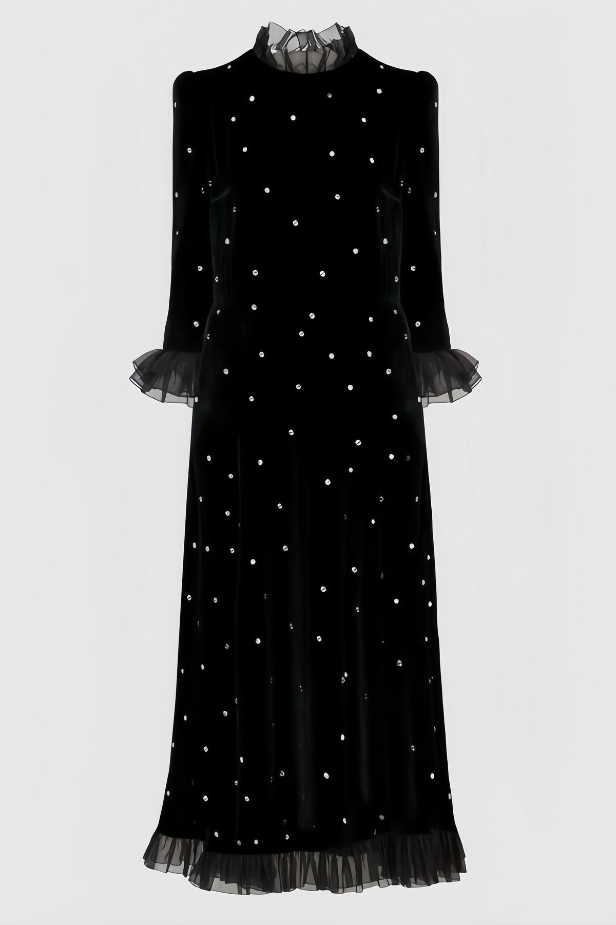 Velvet Mock Neck Studded Three Quarter Sleeve Ruffle Hem Midi Dress 4