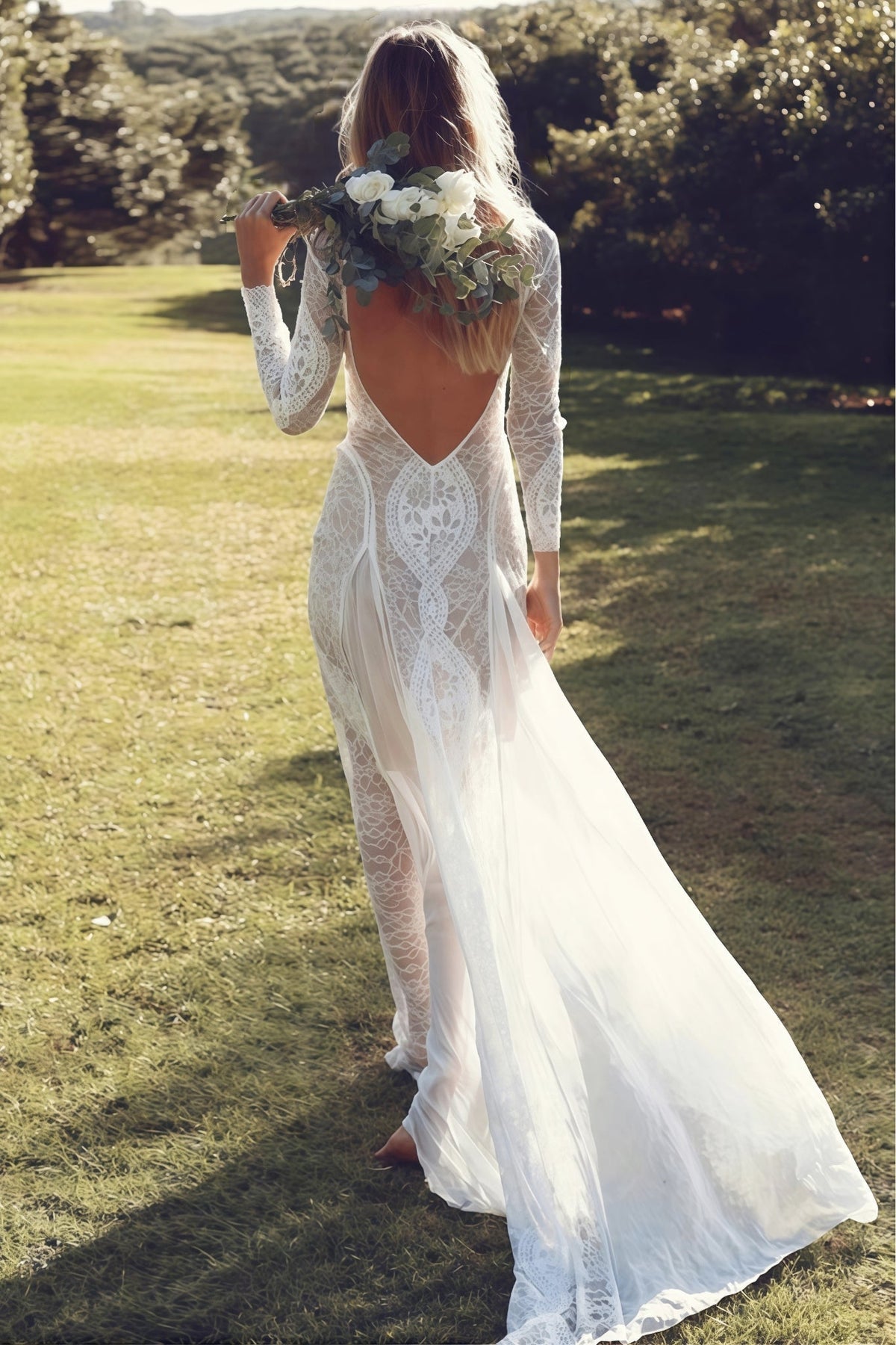 Lace Long Sleeve Round Neck High Split Flowy Maxi Dress 2