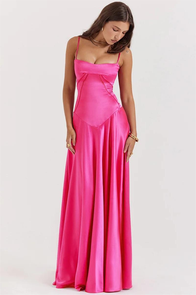 Satin Spaghetti Strap Seamed Bodice Drop Waist Flared Maxi Dress