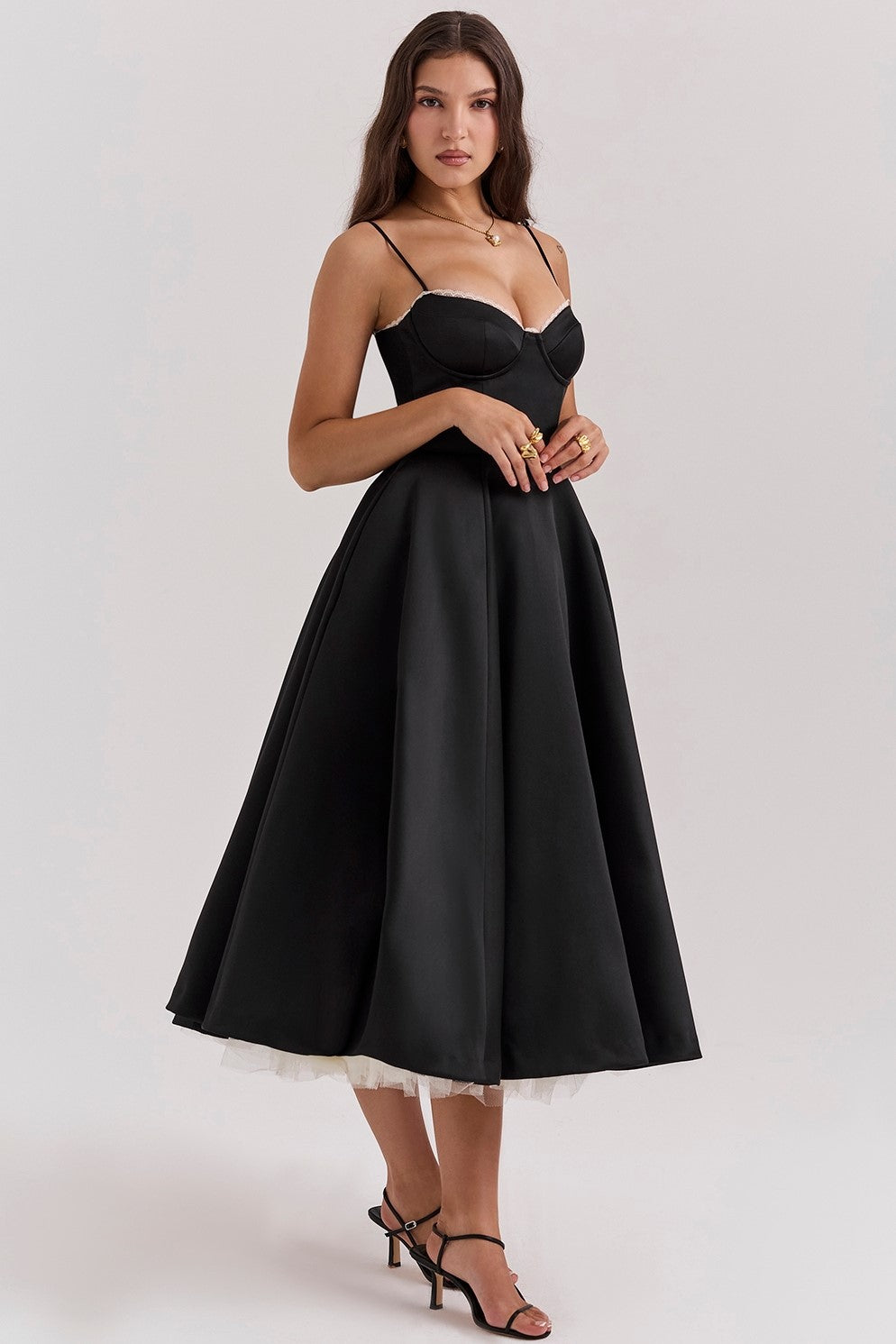 Satin Sweetheart Neck Corset Bodice Tulle Underskirt Fit and Flare Midi Dress 4