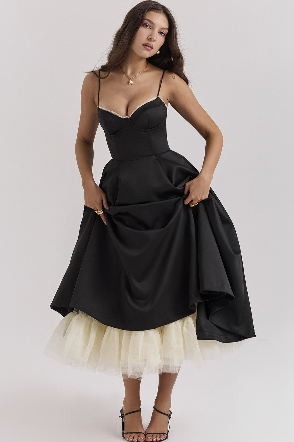 Satin Sweetheart Neck Corset Bodice Tulle Underskirt Fit and Flare Midi Dress