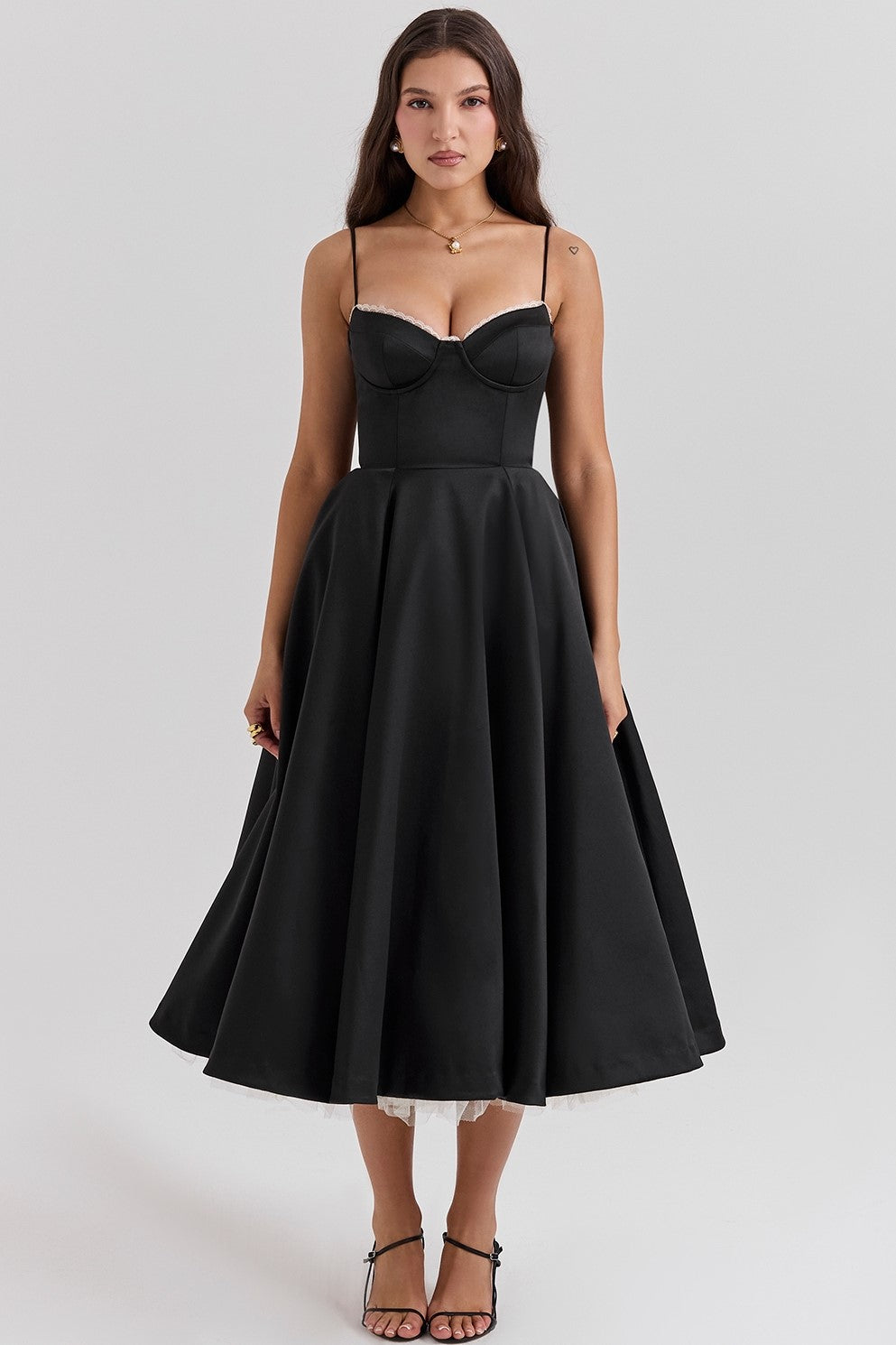 Satin Sweetheart Neck Corset Bodice Tulle Underskirt Fit and Flare Midi Dress 2