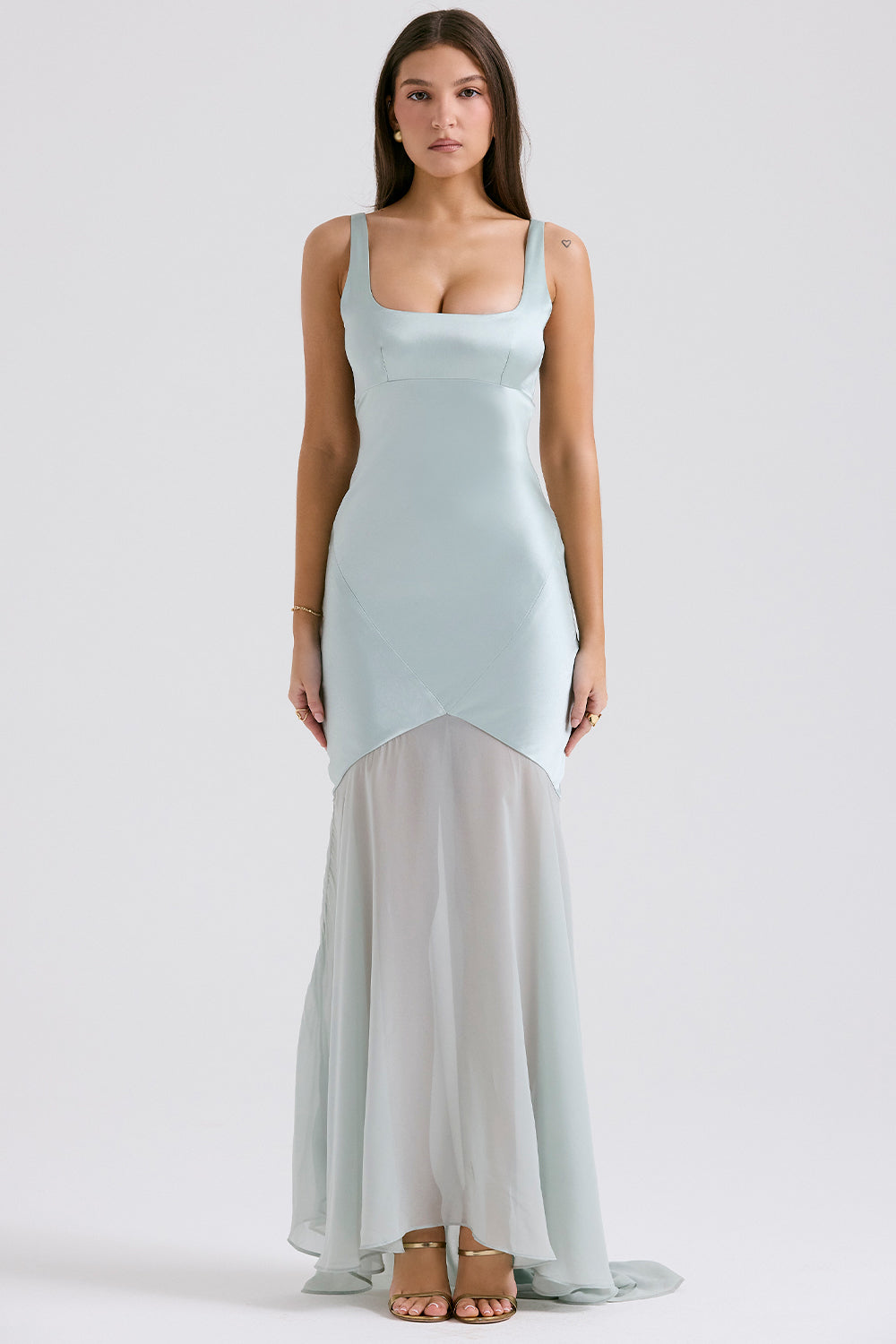 Solid Satin Mesh Sleeveless Maxi Dress 4