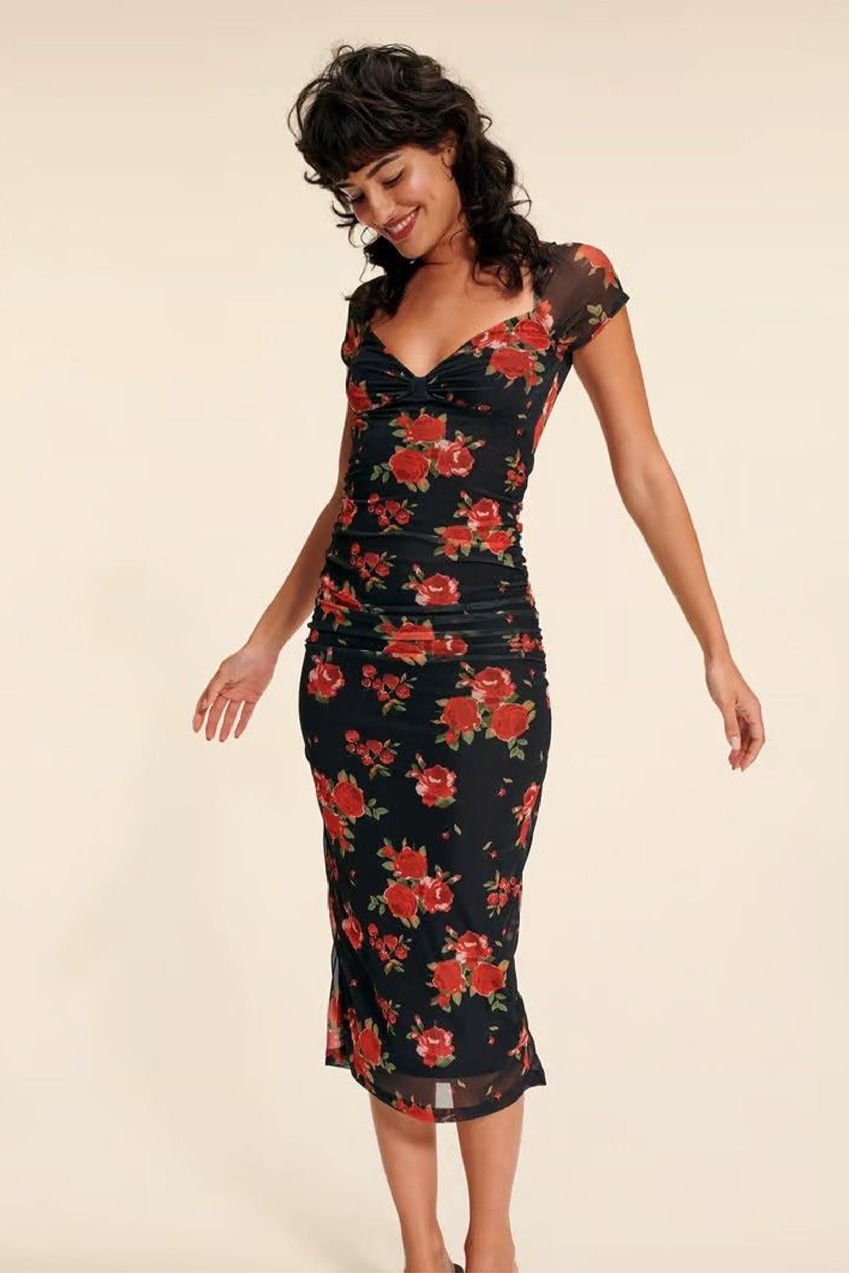 Floral Mesh Sweetheart Cap Sleeve Ruched Bodycon Midi Dress